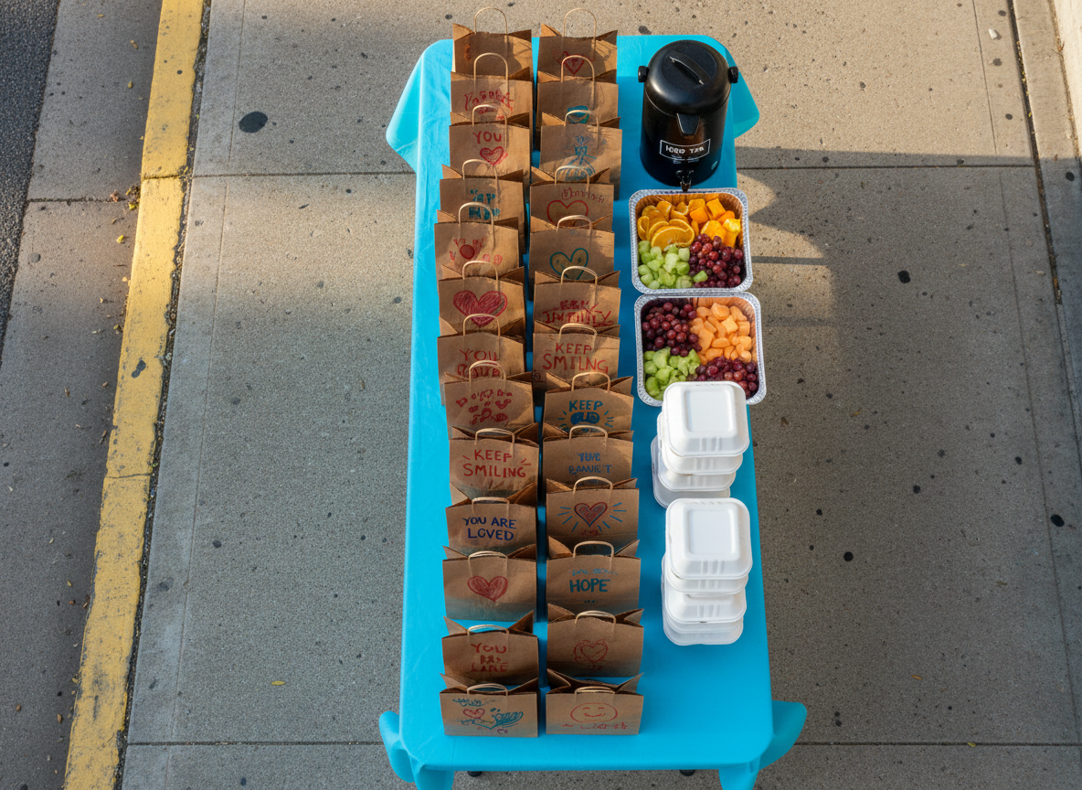 An overhead photographic view of a long folding table draped in a bright, solid-colored tablecloth and carefully lined with brown paper meal bags, each decorated with hand-drawn hearts, smiley faces, and encouraging phrases in marker. Beside the bags are trays of fresh fruit, stacks of compostable takeout containers, and a large insulated beverage dispenser. The table is set up along a quiet downtown Chattanooga sidewalk, with the concrete texture and painted curb lines visible around the edges of the frame. Gentle late-morning daylight creates soft, natural shadows and subtle highlights on the crinkled paper bags. The composition is clean and organized, with sharp focus across the entire scene, evoking a playful yet deeply caring atmosphere of preparation and purpose.