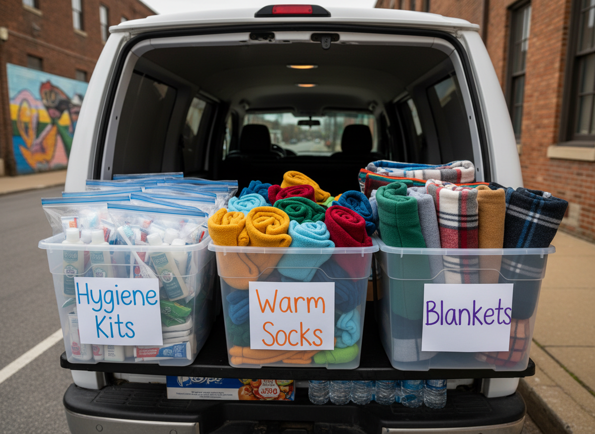 A neatly organized donation station set up on the back of an open cargo van, featuring clear plastic bins labeled “Hygiene Kits,” “Warm Socks,” and “Blankets” in playful, colorful handwriting. Each bin is filled with individually packed zip bags of travel-size toiletries, fluffy rolled socks in cheerful colors, and neatly folded fleece blankets. The van is parked beside a brick building in downtown Chattanooga, with a mural just barely visible in the blurred background. Soft overcast daylight provides even, diffused lighting with gentle shadows, emphasizing textures without harsh contrast. Photographic realism, shot from a slightly elevated angle, with a clean, documentary-style composition that feels organized, caring, and approachable, reflecting a spirit of practical generosity and joyful service.