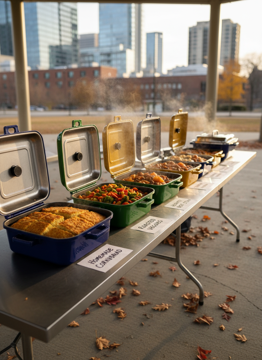 A large stainless-steel serving table neatly arranged with colorful insulated food pans brimming with steaming, home-cooked dishes—golden cornbread, vibrant mixed vegetables, and hearty stew—each labeled with handwritten cards. The table stands under a simple open-air pavilion in an urban park, with fallen autumn leaves scattered on the concrete floor and a view of blurred city buildings beyond. Late afternoon golden-hour sunlight washes across the scene, catching wisps of steam and creating warm, inviting highlights on the metal lids. Photographic realism at eye level, with shallow depth of field that keeps the food in sharp focus while the background softly recedes, conveying a warm, hopeful, and welcoming atmosphere of abundance and care without showing any people.