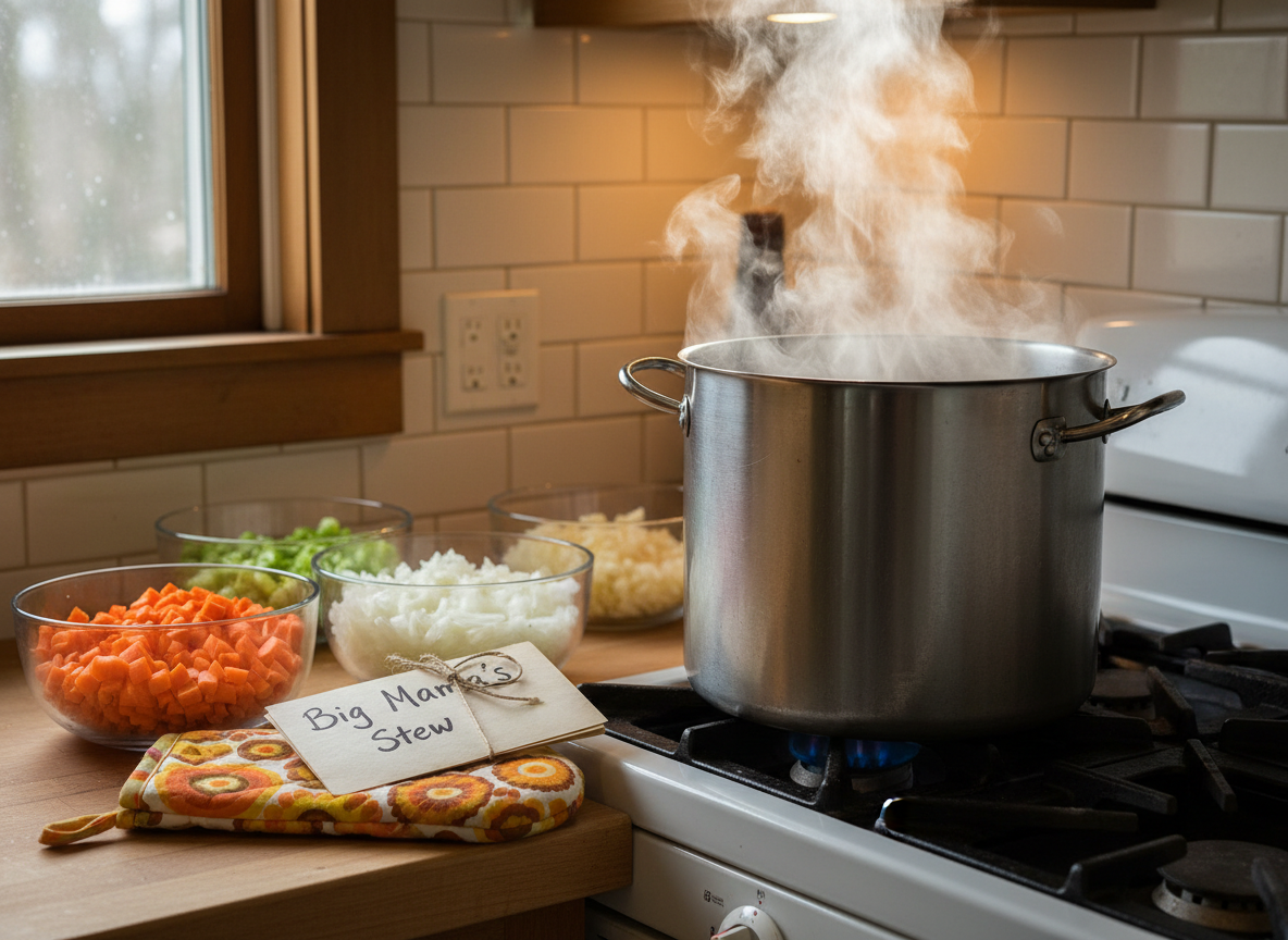 A cozy corner of a small community kitchen featuring a large stockpot simmering on a clean stovetop, with steam gently rising and catching the light. Around the pot are neatly arranged ingredients: chopped carrots, celery, and onions in glass bowls, a stack of well-worn recipe cards labeled “Big Mama’s Stew,” and a bright oven mitt with a fun, retro pattern. Warm under-cabinet lighting and a single nearby window create a mix of soft natural and artificial light, casting gentle shadows and golden highlights on the stainless-steel pot. Photographic realism, framed at countertop level with a slight side angle, emphasizing the textures of the vegetables, the handwritten recipes, and the steam, creating a nurturing, homey, and slightly playful atmosphere that suggests love cooked into every meal.