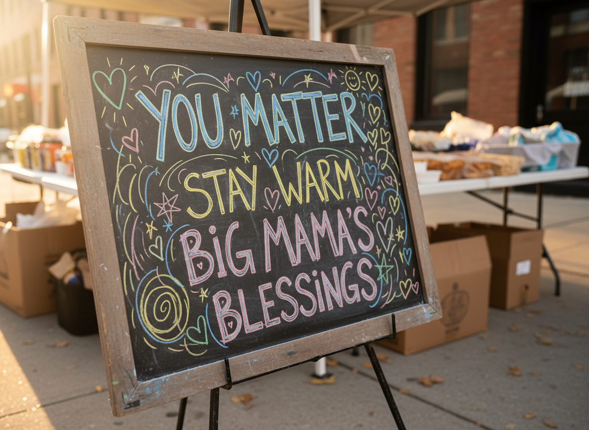 A close-up of a handwritten encouragement board made from a rustic wooden frame surrounding a chalkboard, propped on a simple easel near a city sidewalk. The chalkboard is covered in colorful chalk messages like “You Matter,” “Stay Warm,” and “Big Mama’s Blessings” surrounded by playful hearts and doodles. In the blurred background, you can see hints of a food table and cardboard boxes of supplies. Soft morning sunlight grazes the board from the side, creating subtle highlights on the chalk dust and wood grain. Photographic realism, captured at a slight angle using the rule of thirds, with shallow depth of field that keeps the board crisp and the surroundings softly suggestive, creating an uplifting, hopeful, and slightly whimsical mood.